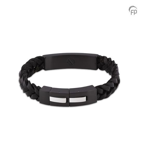 Armband leder en RVS zwart/zilver